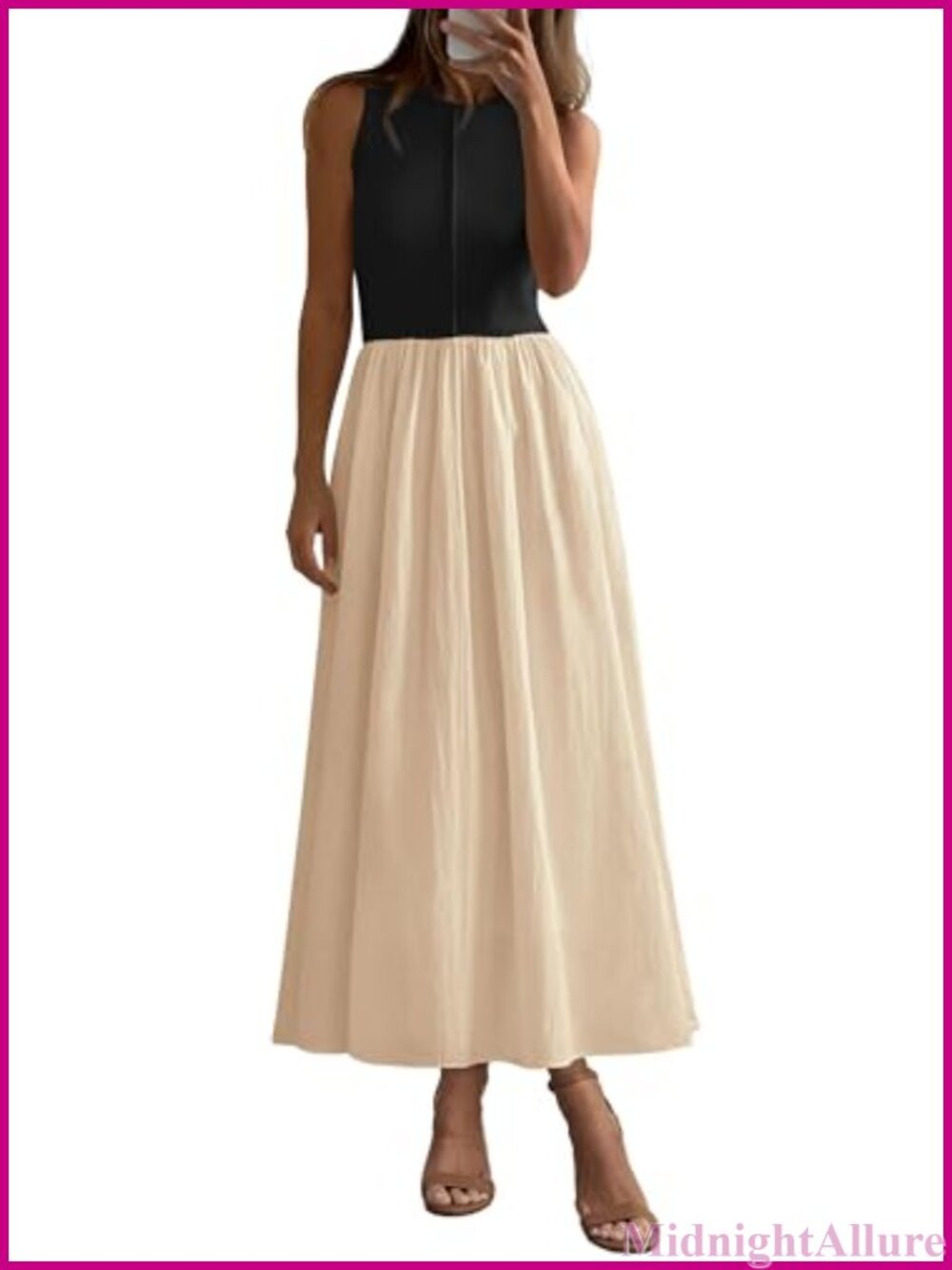 Pleated Maxi Dress Sleeveless A-Line with Pockets